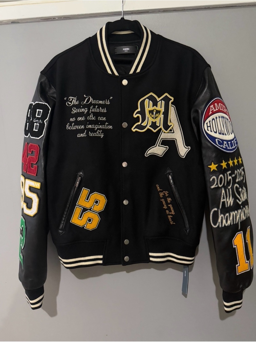 AMIRI Black Varsity Jacket with Multicolor Patchwork